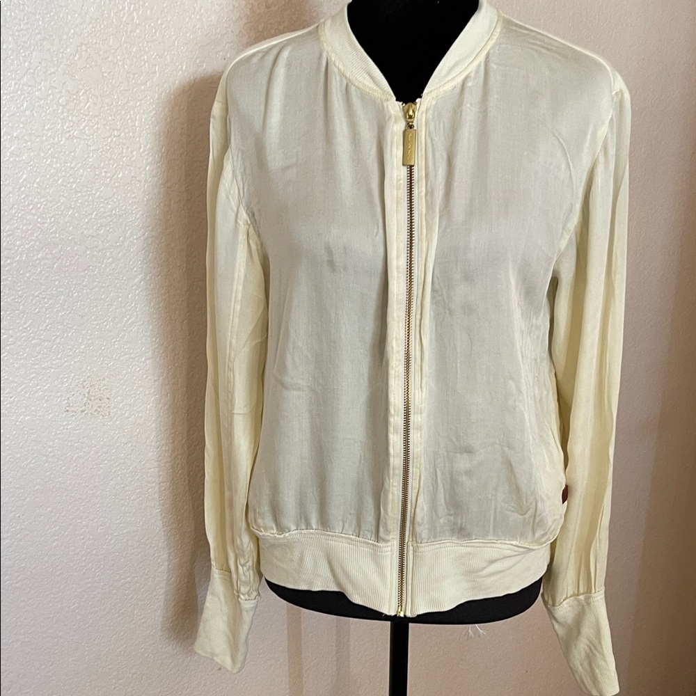 Peace Love World Cream Zip-Front Bomber Jacket